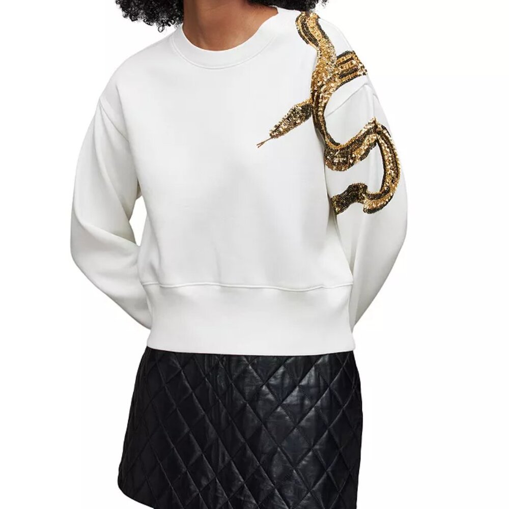 All Saints White Sweatshirt with Gold Sequin Snake Detail